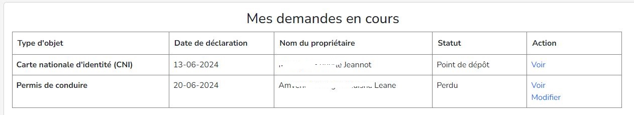 Capture d'écran de la section demande en cours